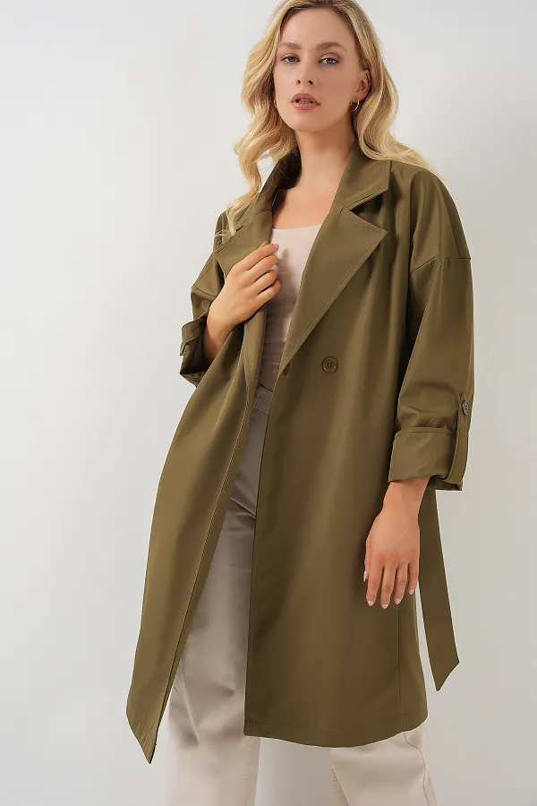 9104 Double-Breasted Lined Trench Coat - Khaki