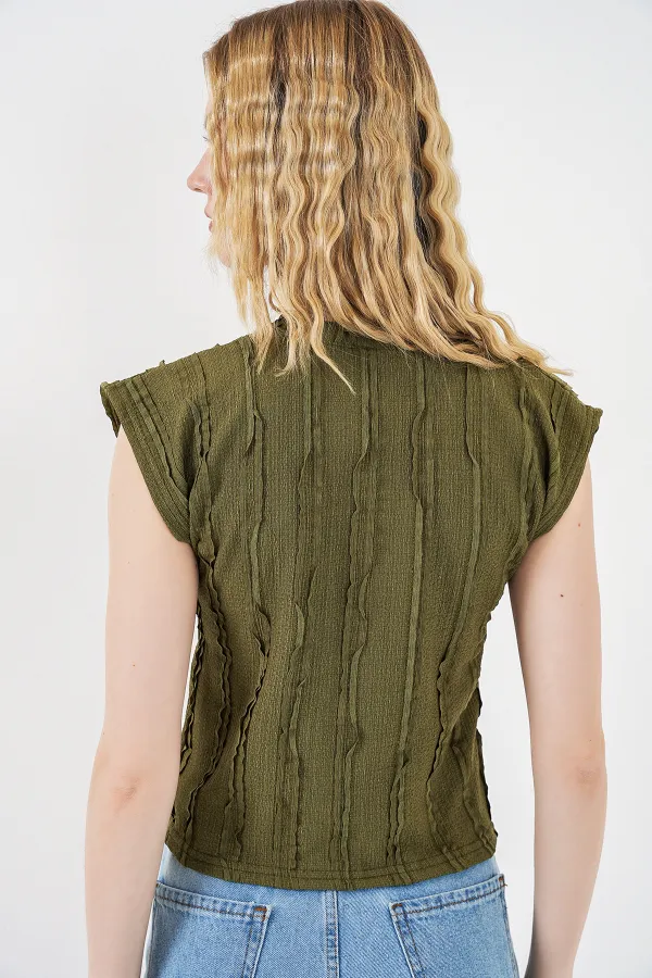 Women's Textured Sleeveless Knitted Stretch Blouse 991 - Khaki