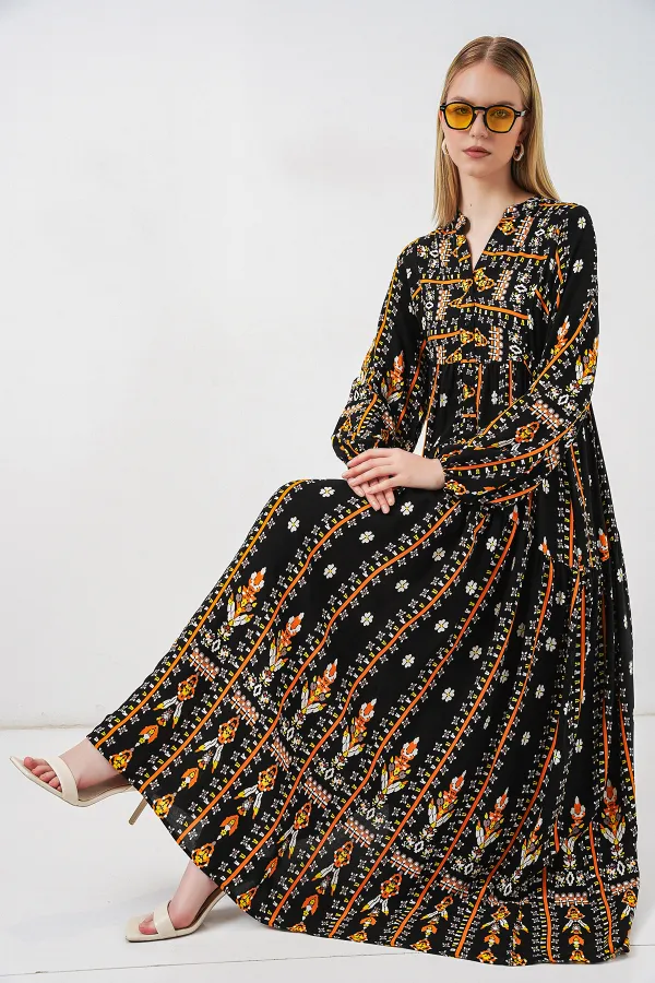 Robe longue hijab à motifs pour femme 2585 - Noir