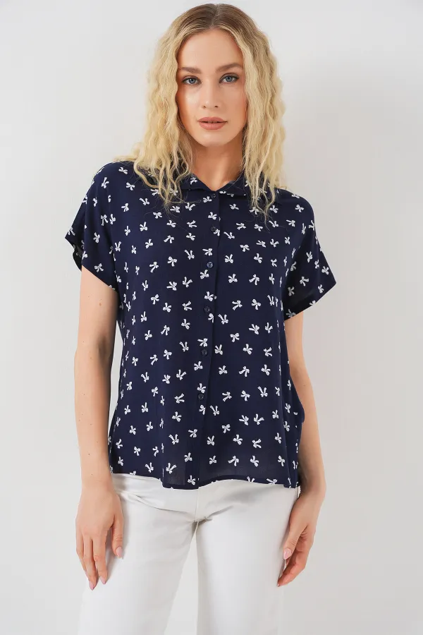 Chemise à manches courtes à motifs pour femme 20310 - Bleu marine