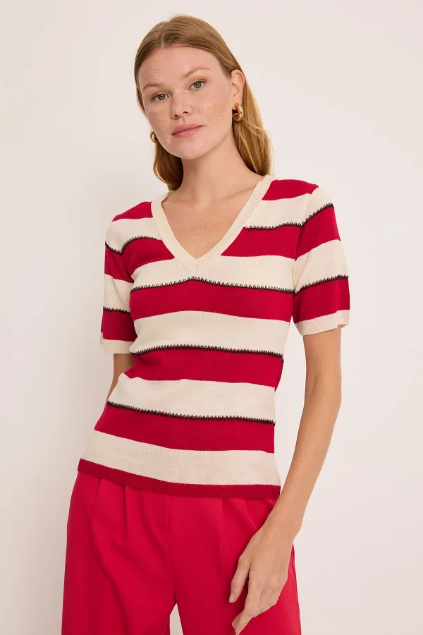 Women's V-Neck Red White Striped Blouse 15869