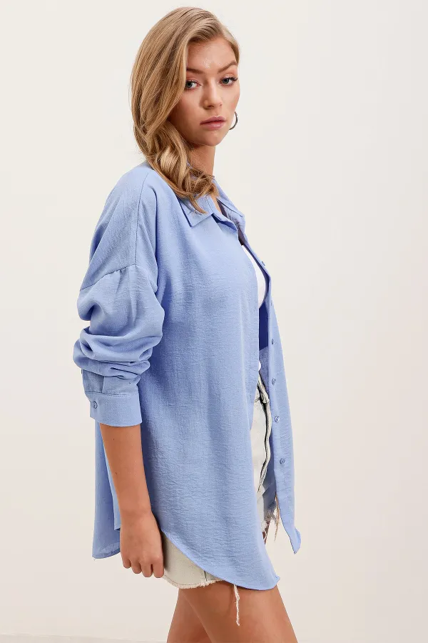 Chemise oversize en lin à poche unique 20153 - Bleue