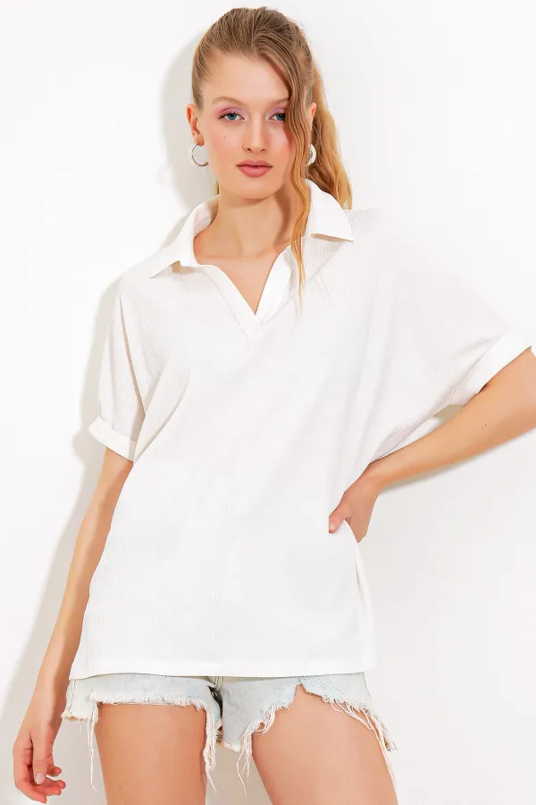 Chemisier blanc oversize en maille à col polo pour femme 0486