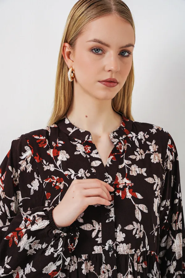 Kadın Desenli Uzun Tesettür Elbise 2585 - Beyaz - Kahve