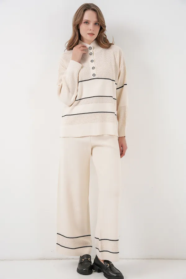 Ensemble deux pièces en maille rayée oversize pour femme 15957 - Écru