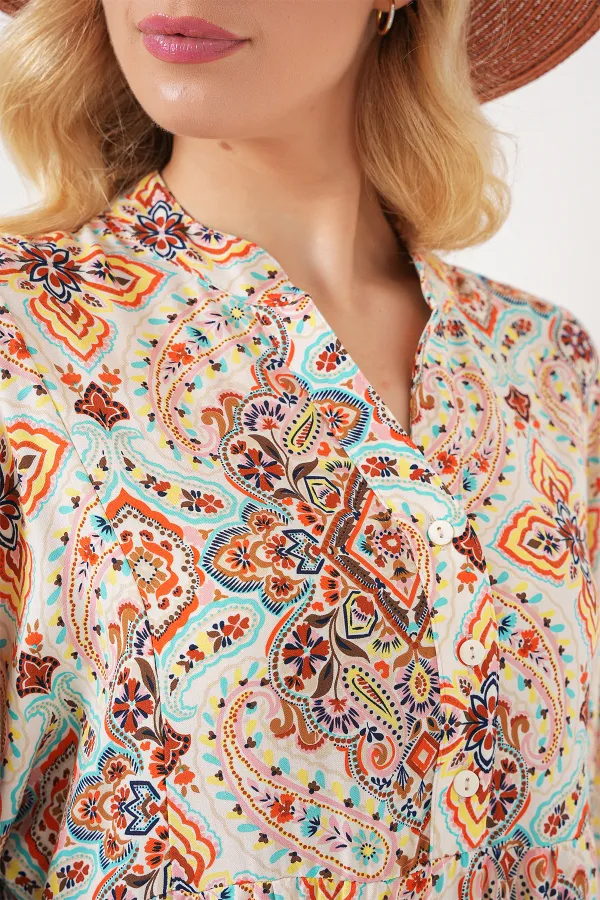 Women's Patterned Short-Sleeve Dress 2562 - Brown