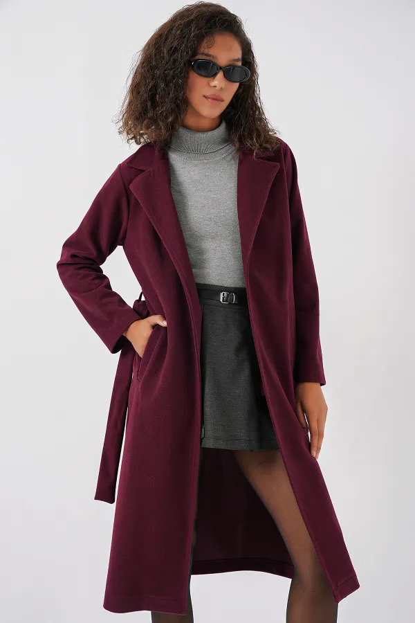 9118 Double Breasted Collar Cashmere Coat - Claret Red