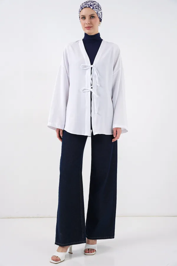 Keten Tesettür Kimono 5968 - Beyaz