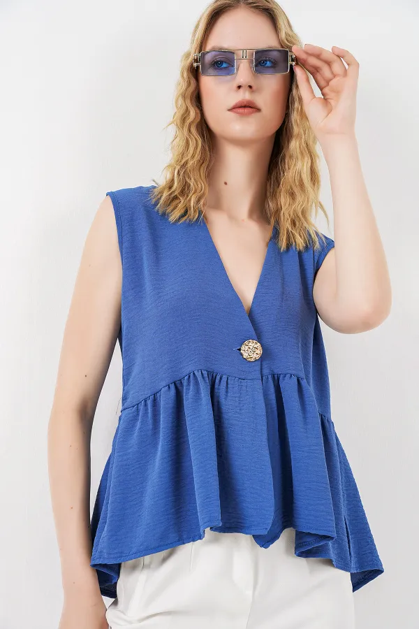 Women's Buttoned Sleeveless Blouse 994 - Navy Blue