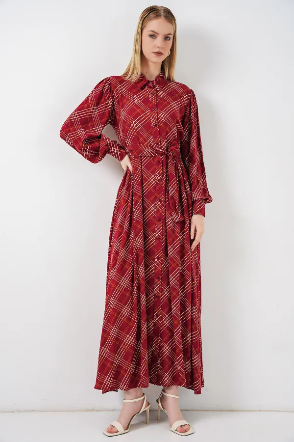 Kadın Boydan Düğmeli Uzun Tesettür Elbise 2588 - Bordo