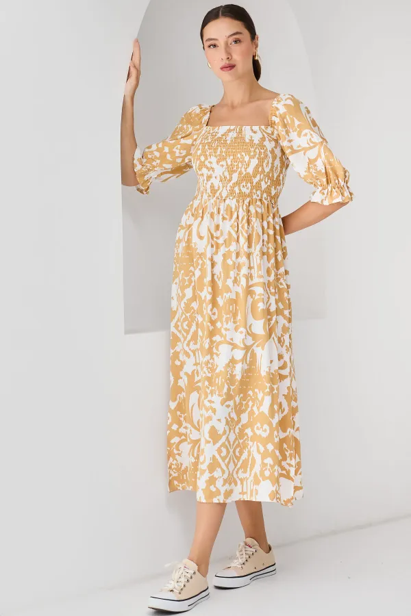 2512 Patterned Slit Dress - Yellow