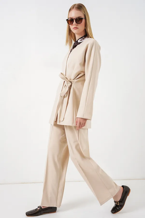 Kadın Yandan Bağlamalı Ceket Pantolon İkili Takım 30099 - Krem