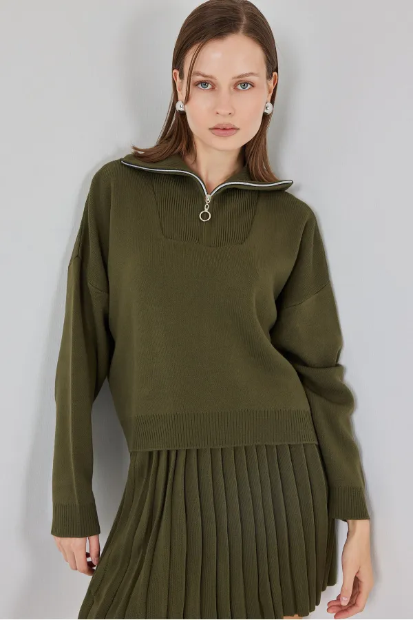Women's Sweater Skirt Two Piece Set 15938 - Khaki