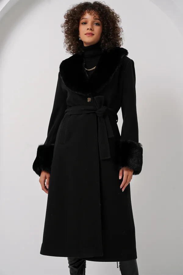 9149 Fur Detail Long Coat - Black