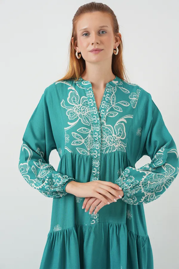 Kadın Desenli Uzun Tesettür Elbise 2585 - Mint