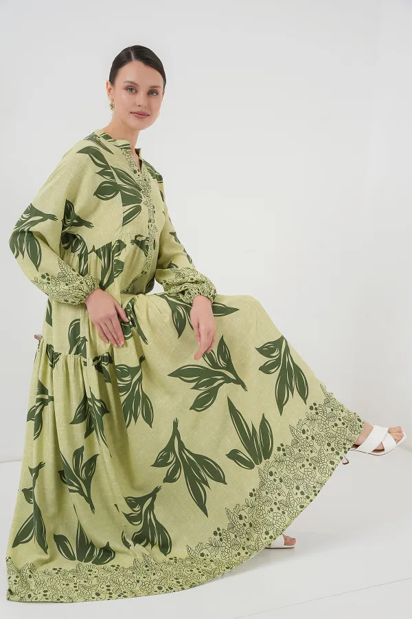 2423 Otantik Desenli Tesettür Elbise - Yeşil 4