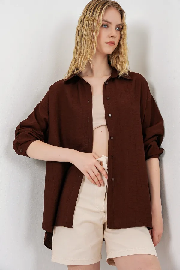 Kadın Uzun Oversize Gömlek 20334 - Kahverengi Kadın Uzun Oversize Gömlek 20334 - Kahverengi