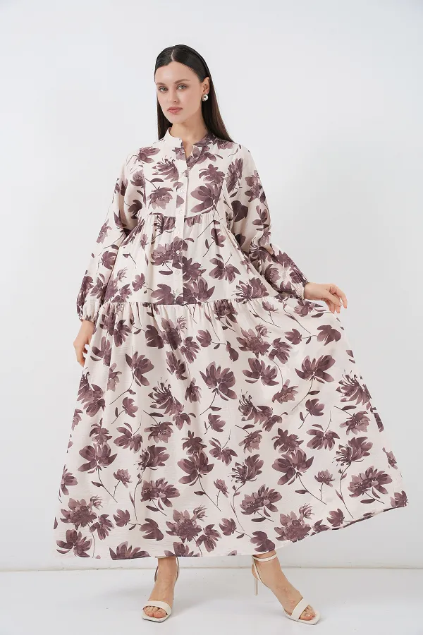 Kadın Lilyum Kumaş Uzun Tesettür Elbise 2593 - Kahverengi