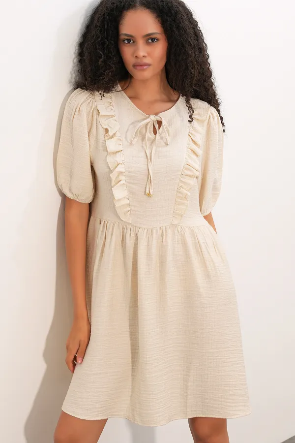 Women's Tie-Neck Short-Sleeve Ruched Dress 2600 - Cream