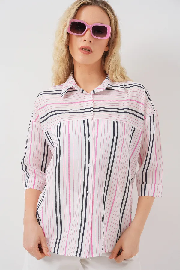 Chemise rayée à manches courtes pour femme 20344 - Rose