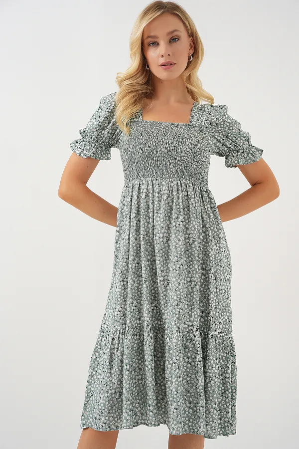 Robe fleurie à manches courtes pour femme 2556 - Menthe