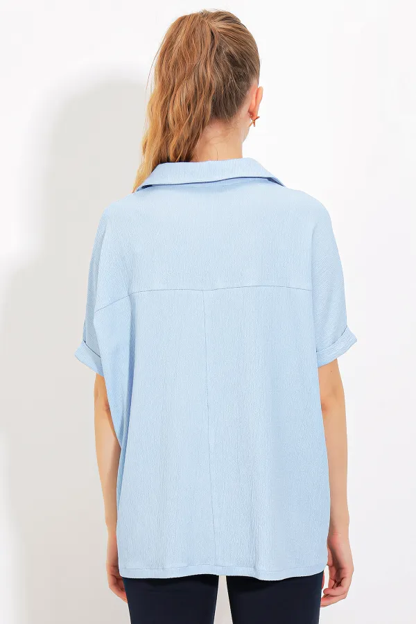 Chemisier en maille bleu oversize à col polo pour femme 0486