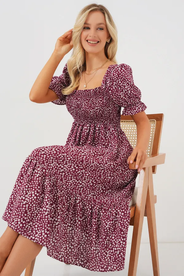 Women's Short-Sleeve Floral Dress 2556 - Burgundy