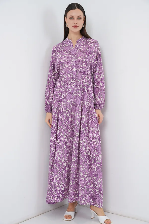 Robe longue hijab à motifs pour femme 2585 - Lilas