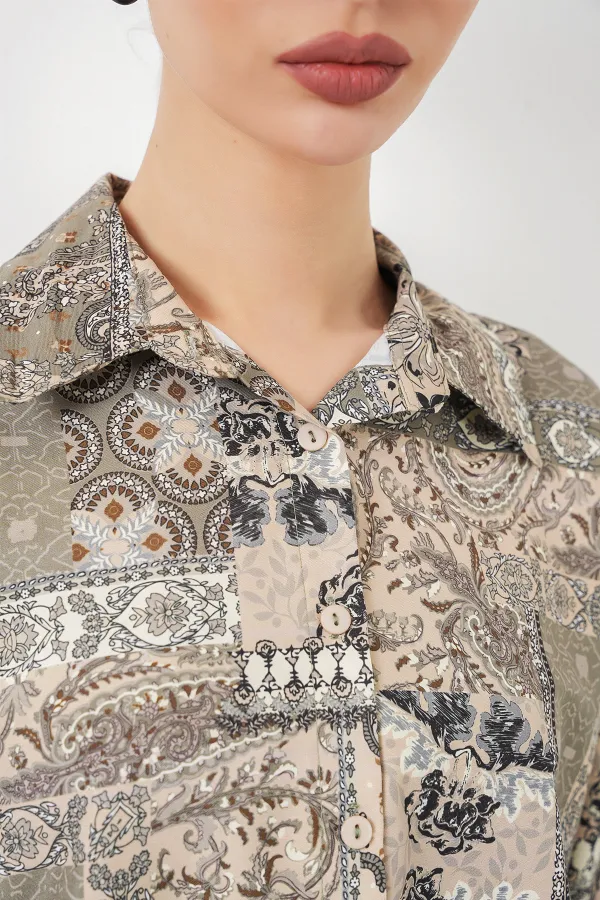 Women's Oversize Patterned Satin Shirt 20365 - Çağla