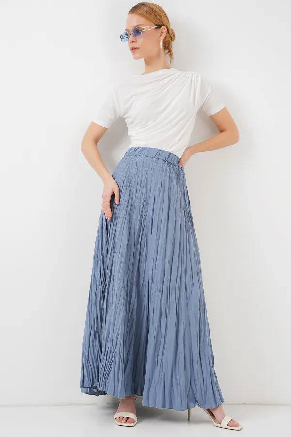 Kadın Uzun Kırışık Etek 8042 - İndigo