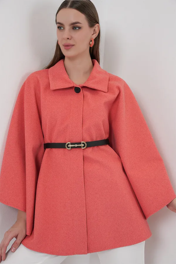 Kadın Kemerli Kaşe Panço 9170 - Somon