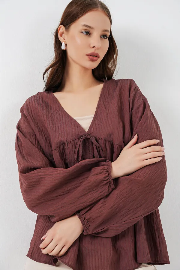 Chemisier à manches longues et laçage sur le devant pour femme 946 - Marron