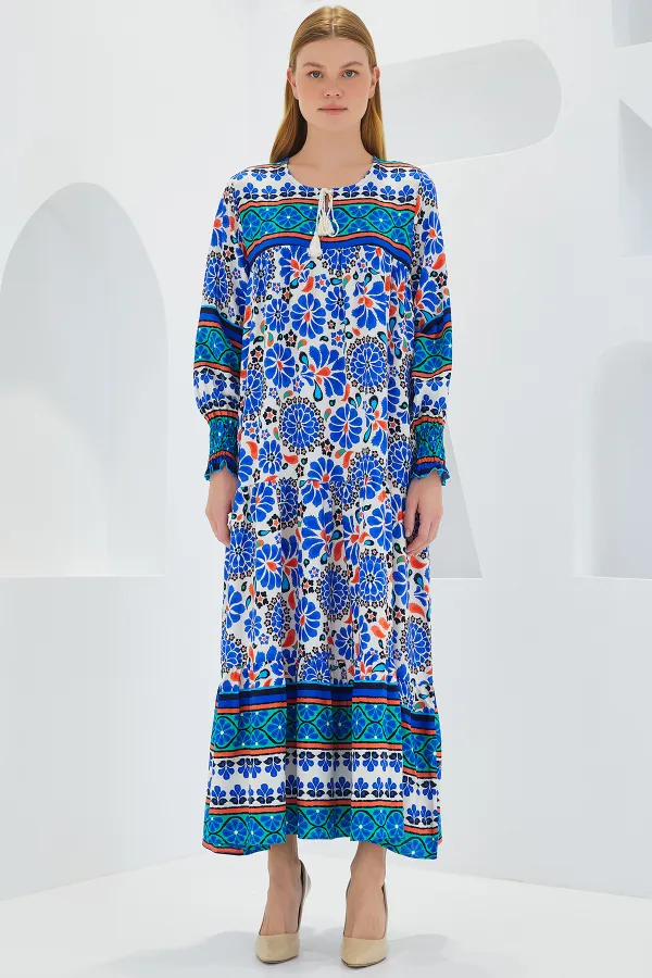 Kadın Saks Mavi Desenli Uzun Viskon Elbise 1947