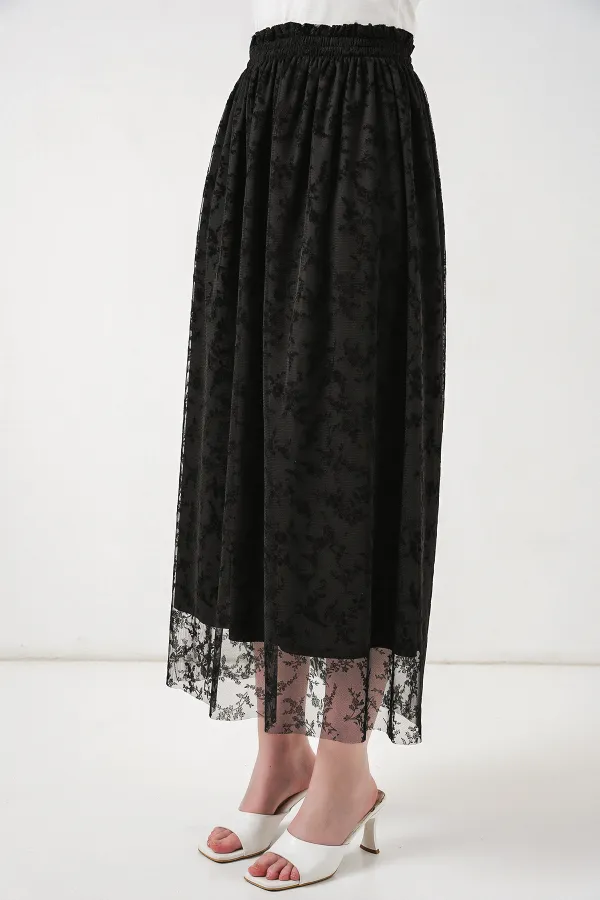 Kadın Flok Baskılı Astarlı Etek 8076 - Siyah