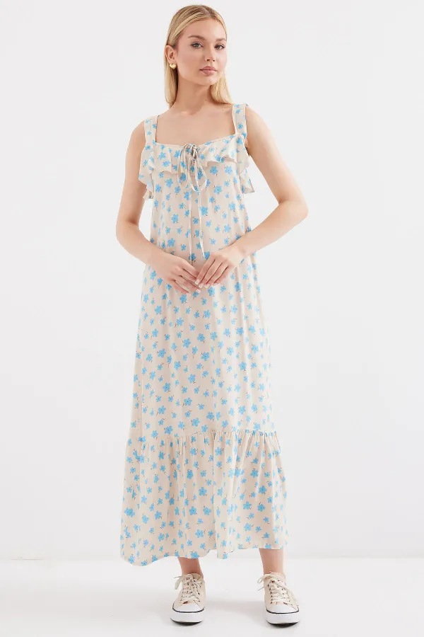 2237 Desenli Askılı Viskon Elbise - Mavi