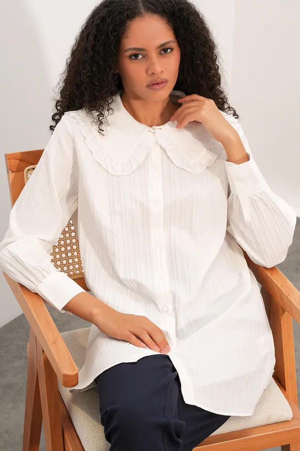 Women's Wide Collar Ruffle Detail Striped Tunic Shirt 5993 - White