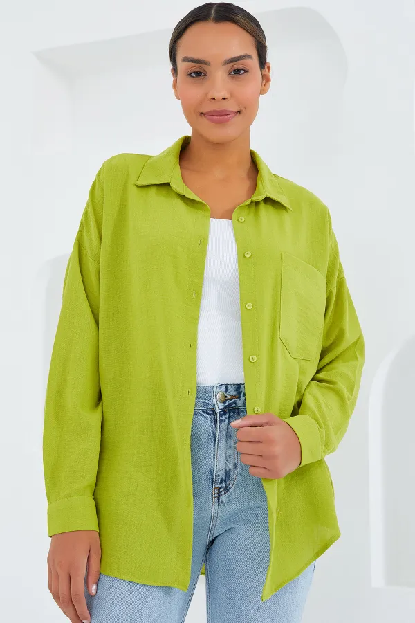 Chemise oversize en lin à poche unique 20153 - Vert pétrole