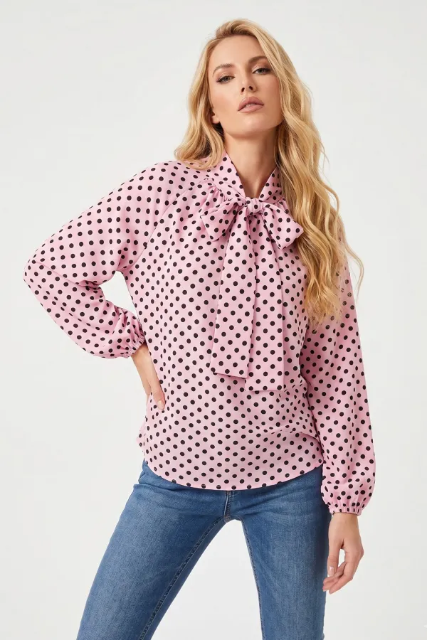 Women's Polka Dot Scarf Collar Blouse 40007 - Pink Women's Polka Dot Scarf Collar Blouse 40007 - Pink
