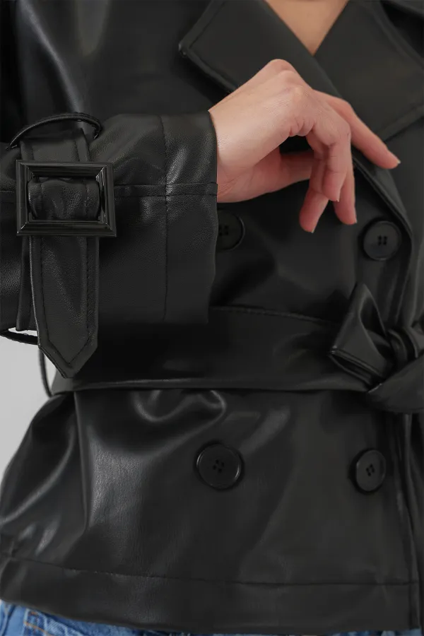 Kemerli Siyah Suni Deri Ceket 0698