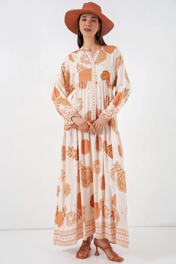 Robe longue hijab à motifs pour femme 2585 - Orange foncé