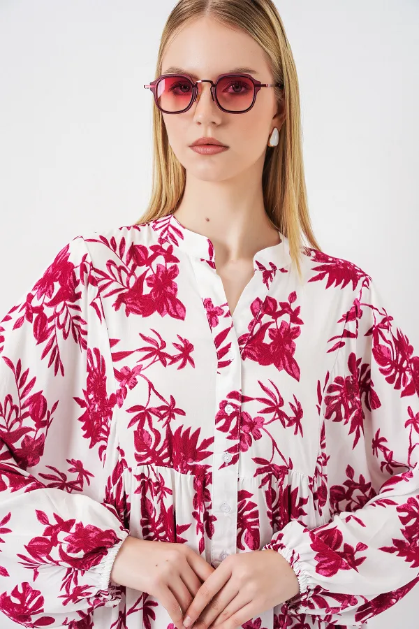 Kadın Desenli Uzun Tesettür Elbise 2585 - V. Kırmızı