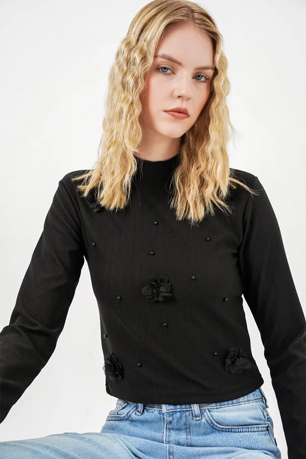 Women's Floral Knitted Blouse 978 - Black