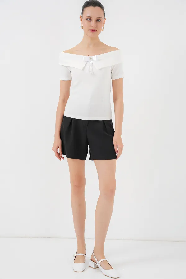 Kurdele Detaylı Örme Bluz 949 - Beyaz