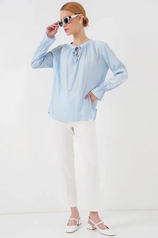 Kadın Nakışlı Örme Bluz 941 - Mavi