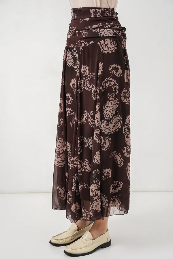 Women's Patterned Chiffon Skirt 8057 - Brown