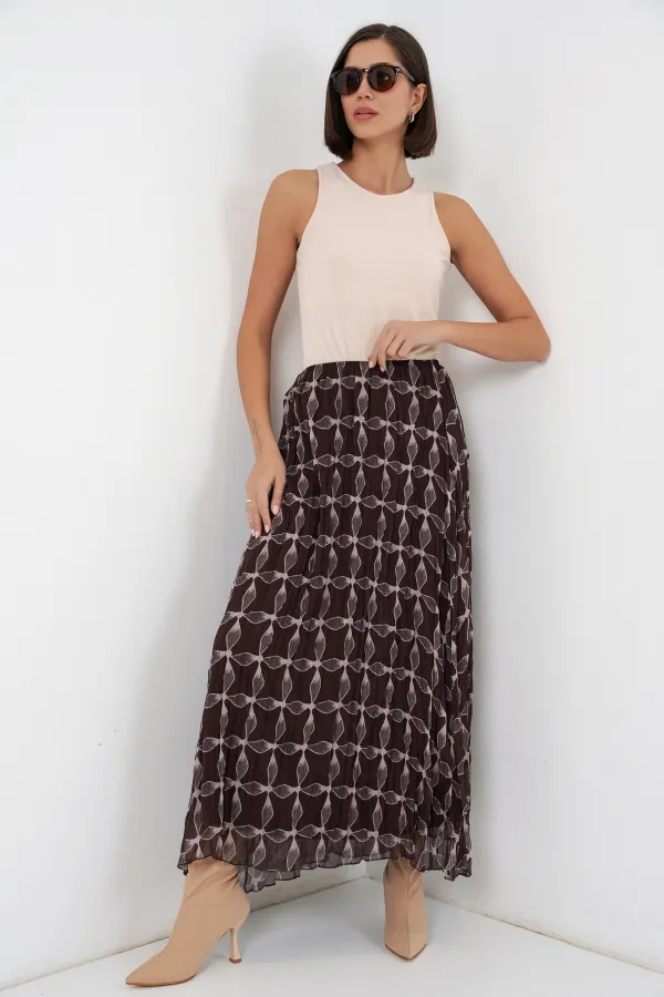 Jupe en mousseline doublée à motifs pour femme 8058 - Marron