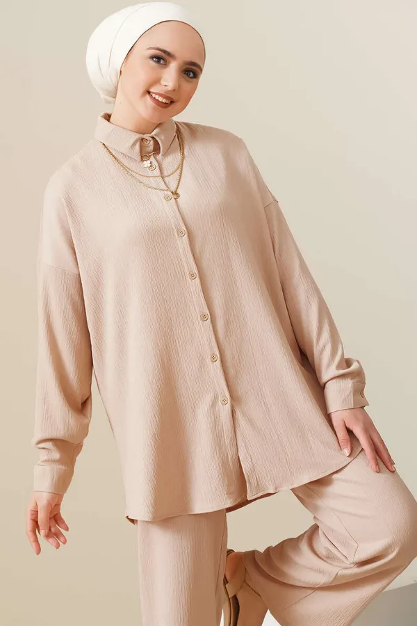 T5858 Ensemble hijab tricoté deux pièces - Biscuit