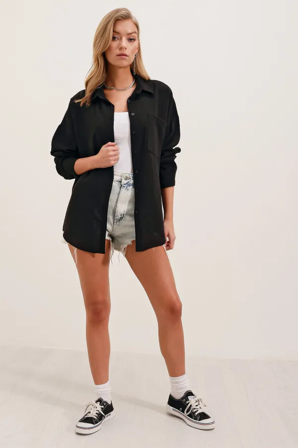 20153 Single Pocket Oversize Linen Shirt - Black 20153 Single Pocket Oversize Linen Shirt - Black