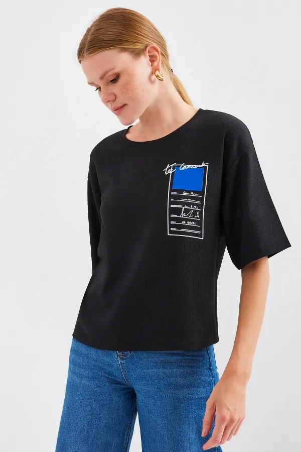 911 Printed Knitted Basic T-Shirt - Black