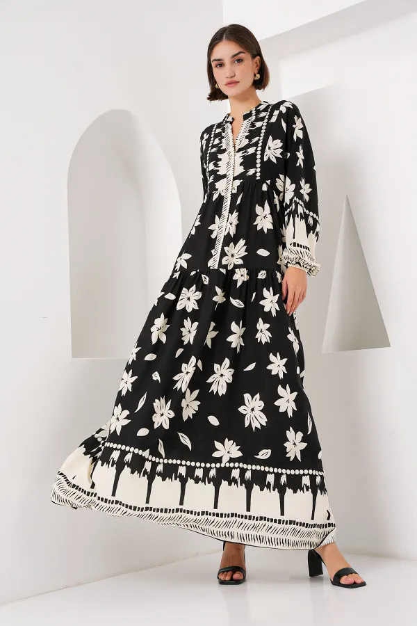 Robe hijab à motifs authentiques 2423 - Noir2